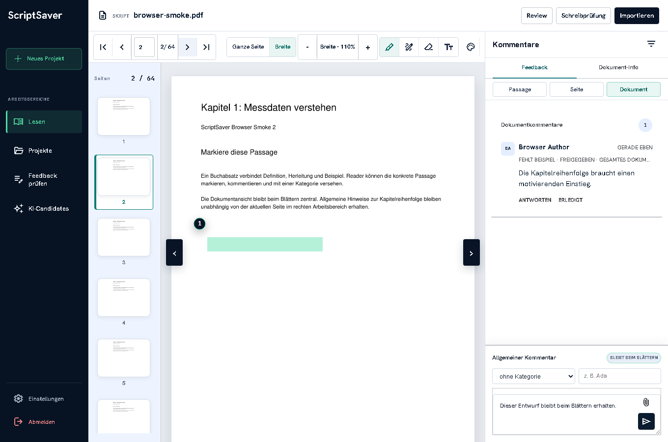ScriptSaver: Dokumentansicht mit seitenbezogenen Kommentaren und einem Testdokument