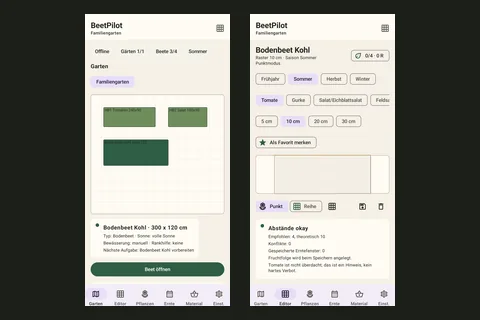 BeetPilot: Gartenübersicht und Beet-Editor der App