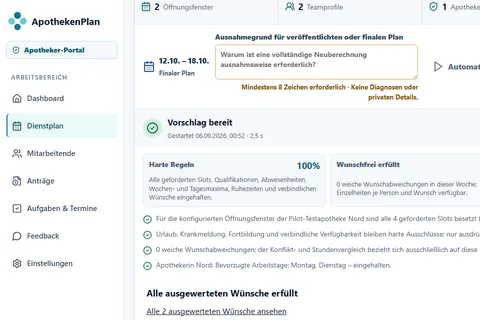 Apothekenplanung: Dienstplan im Web-Portal, Pilotansicht mit Testdaten