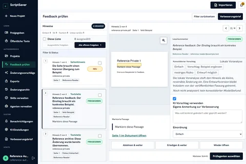 ScriptSaver: Feedback prüfen, Entwicklungsansicht mit Beispieldaten